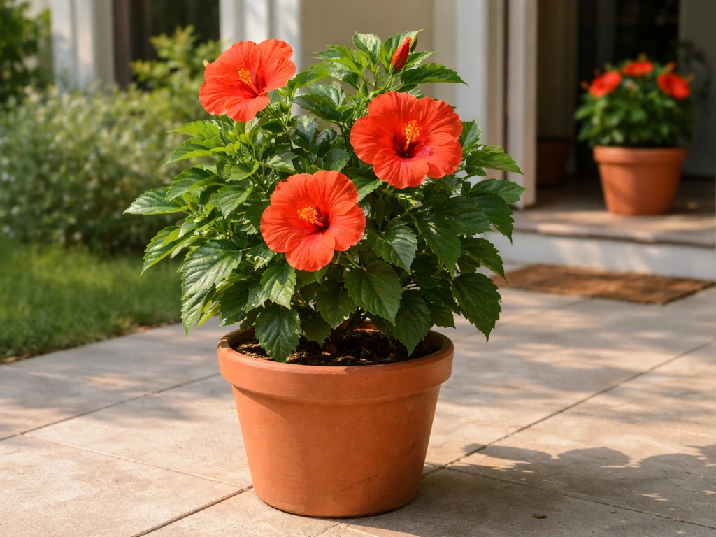 Potted tropical hibiscus on a patio with a clear move-to-indoors setup on a porch for cold nights.
