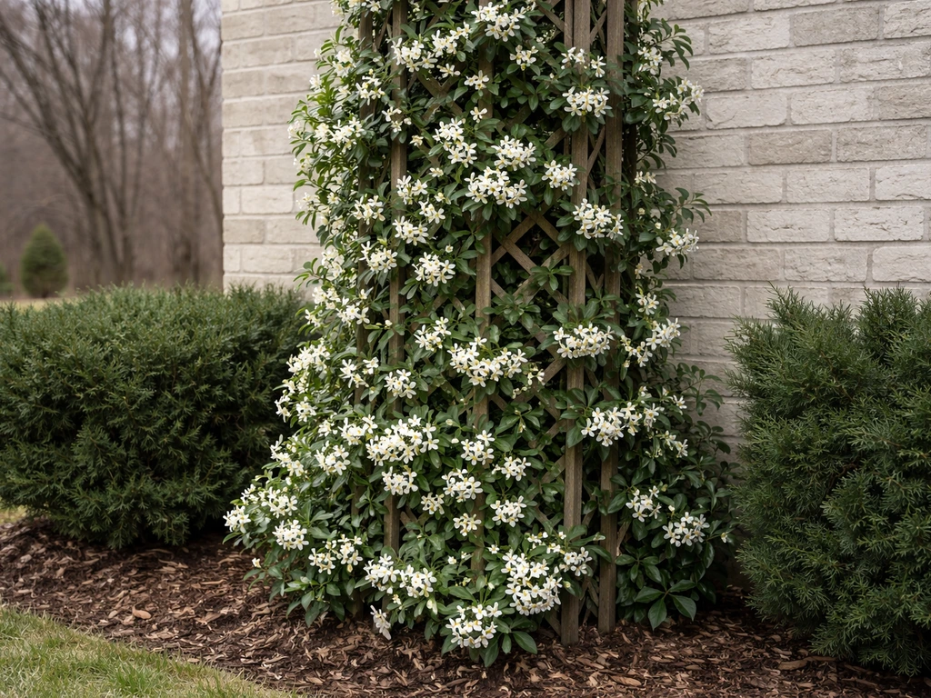 Star-jasmine-like vine with white blooms in a south-facing, sheltered Illinois garden bed by a brick wall.