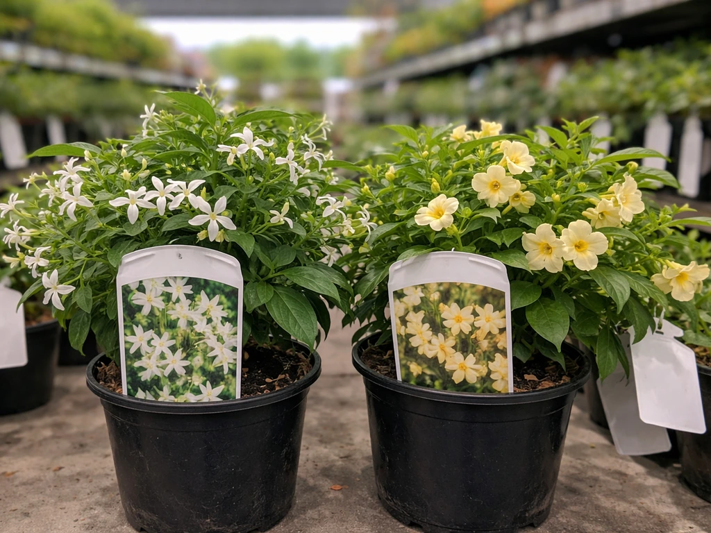 Two different jasmine-like potted plants in a garden center aisle, showing mismatched types.