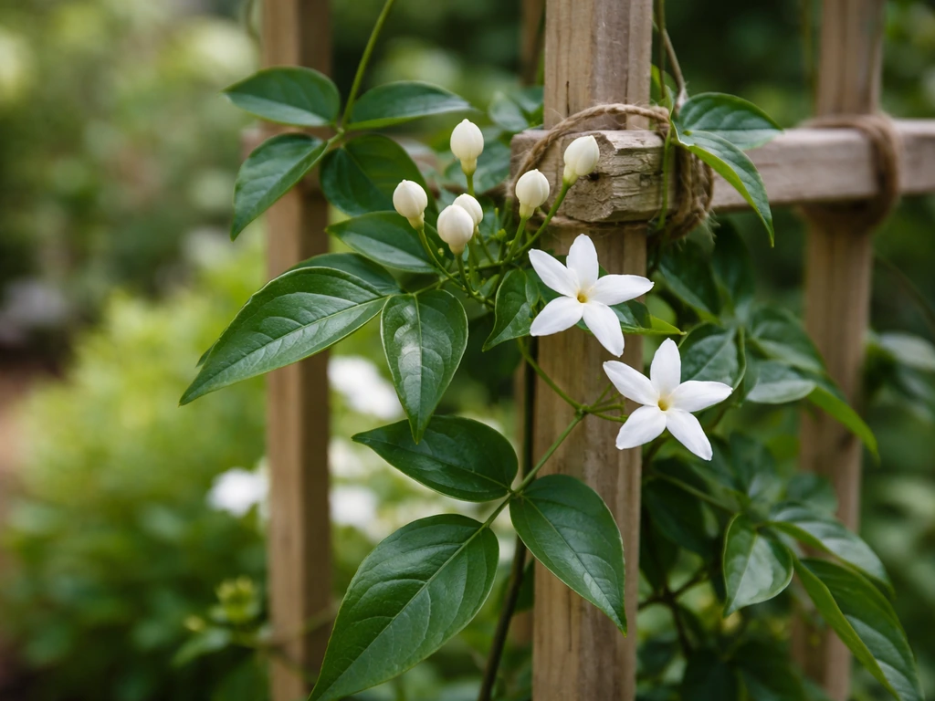 Close-up of common jasmine leaves and white buds on a trellis in soft natural light