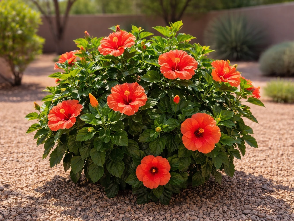 Red hibiscus blooms in a sunny Arizona yard with desert landscaping in the background.
