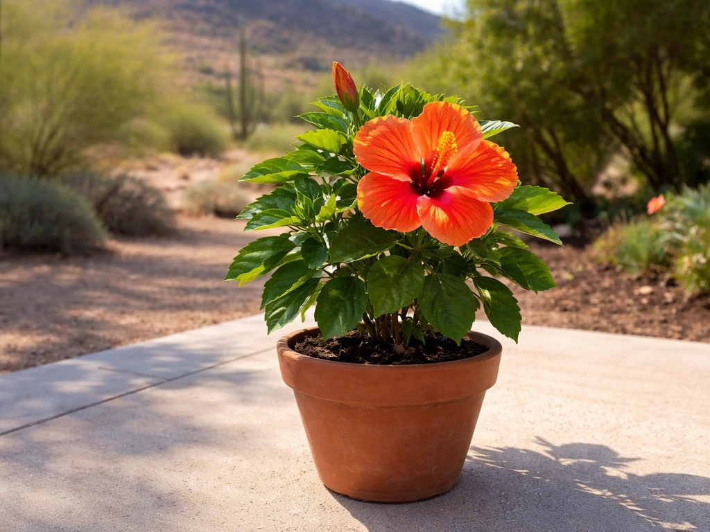 Arizona landscape with a simple hibiscus plant in warm sunshine, hinting at warm-climate suitability.