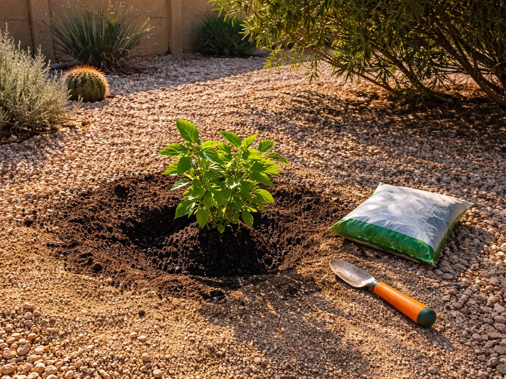 Hibiscus planting spot in an Arizona yard showing full-sun morning light and afternoon shade