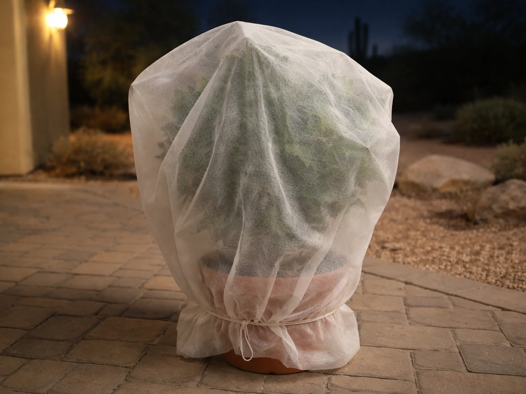 Tropical hibiscus in a pot covered overnight with frost cloth during a chilly low-desert night