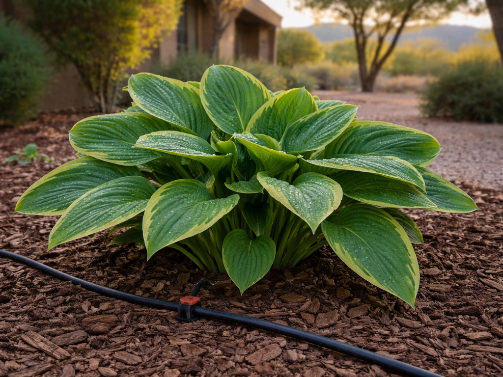 Lush hosta leaves in a mulched Phoenix garden bed with drip irrigation and blurred desert backdrop.