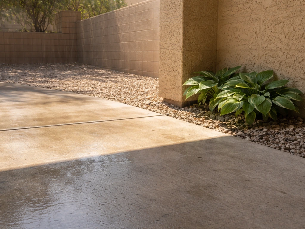 Hot stucco and concrete reflect sunlight onto pavement, with a small shaded hosta spot surviving.
