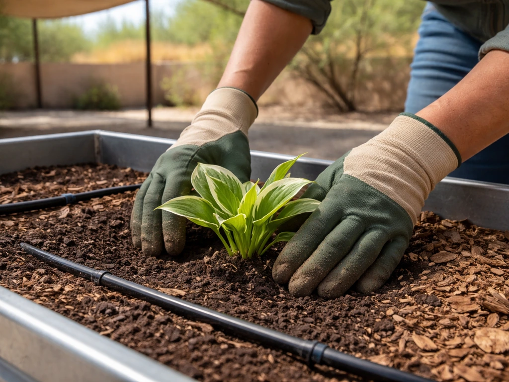 Gardener hands planting a hosta in a raised bed with mulch and a drip line in warm desert shade.