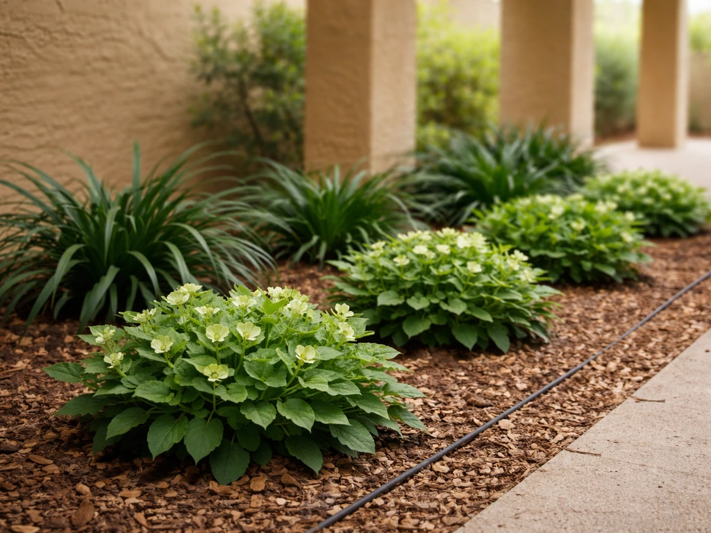 Row of drought-tolerant shade plants thriving in an Arizona garden bed under partial patio shade.