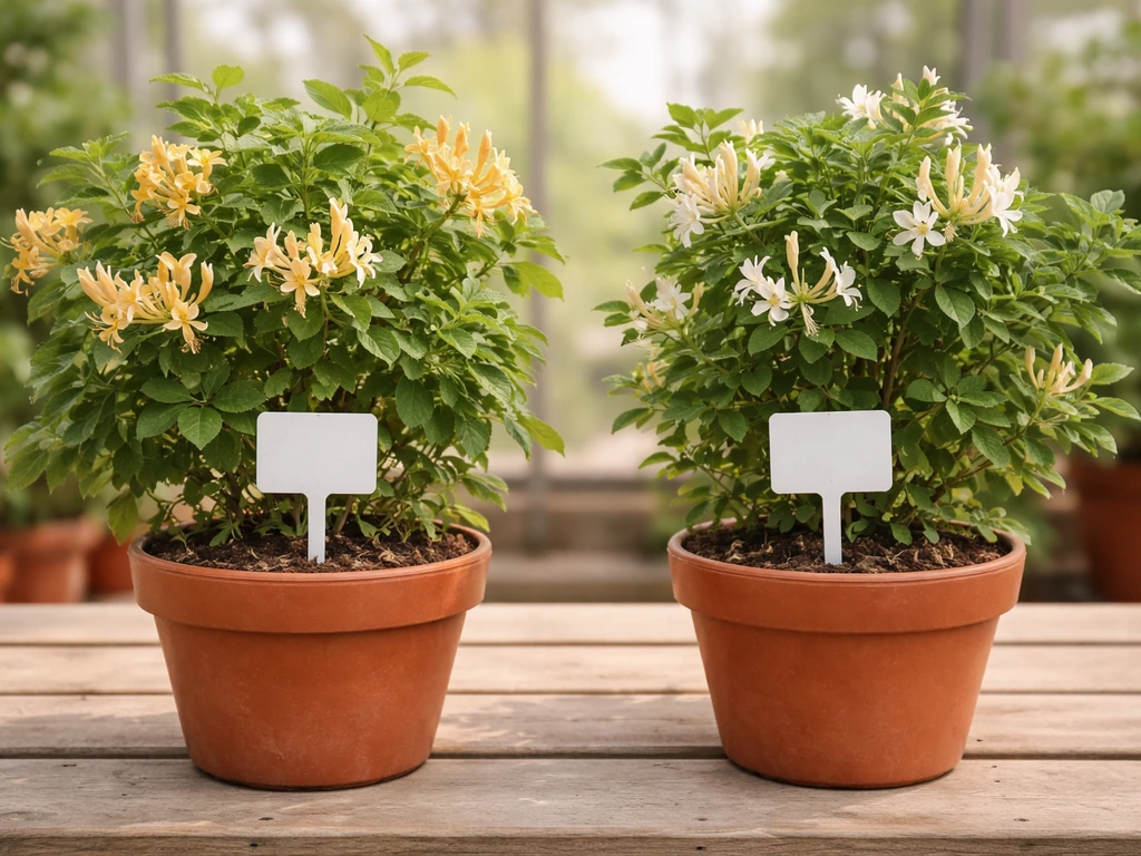 Two potted honeysuckle-like vines on a nursery bench—one labeled lookalike vs an unlabeled true species