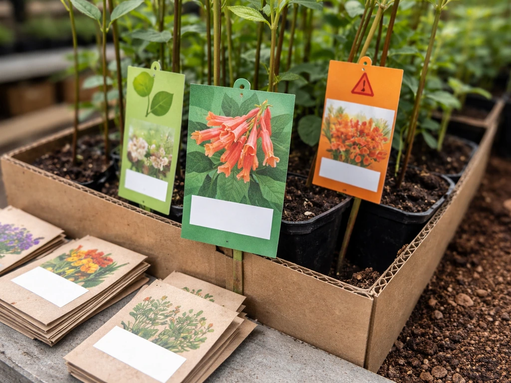 Close-up of honeysuckle plant tags and seed packets in a nursery bin, showing native vs invasive style warnings