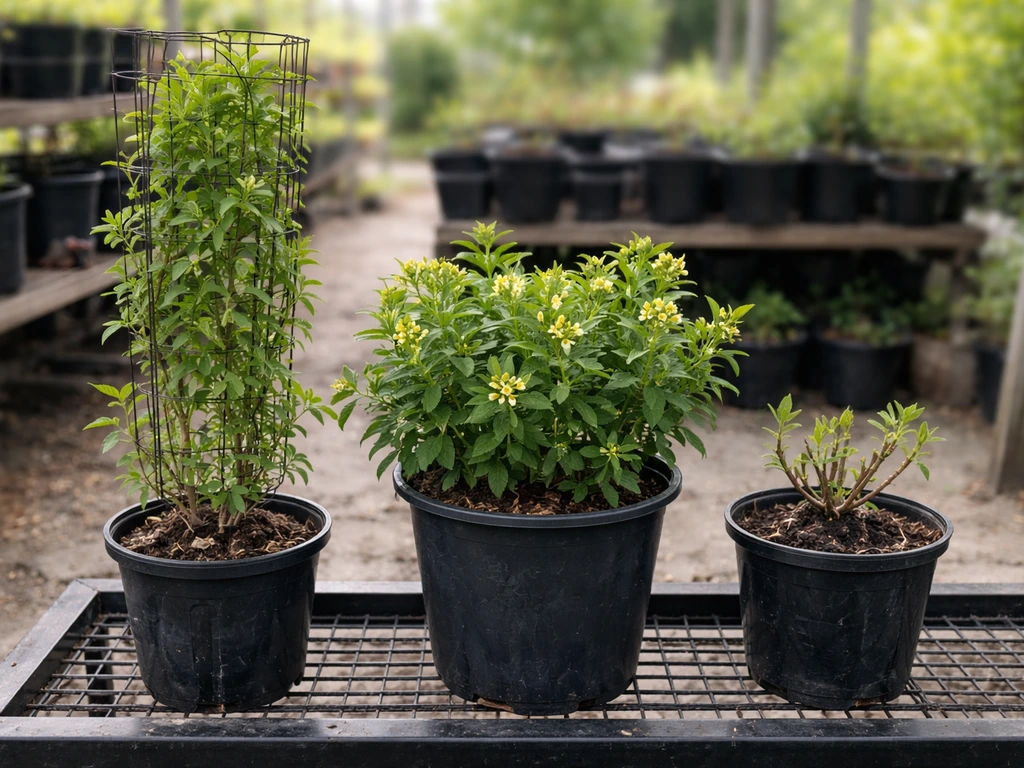 Three anonymous potted honeysuckle plants in a nursery—one climbing, one bushy, one pruned—showing trade-offs.