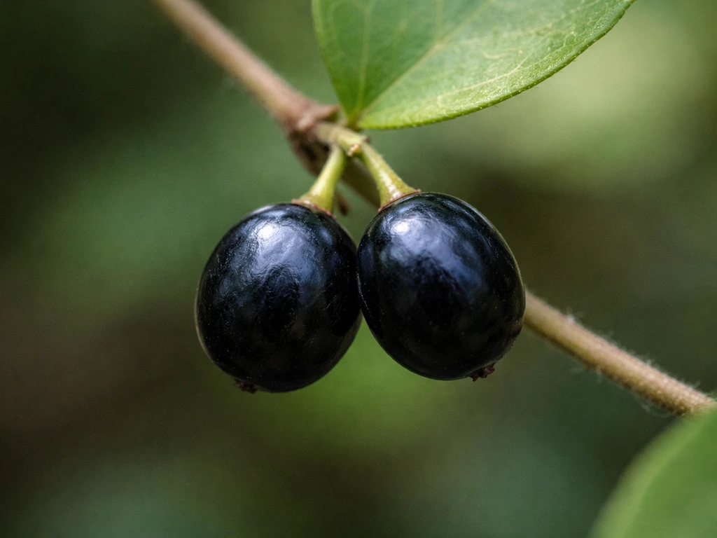 Macro close-up of paired black/blue-black Japanese honeysuckle berries near a leaf axil.