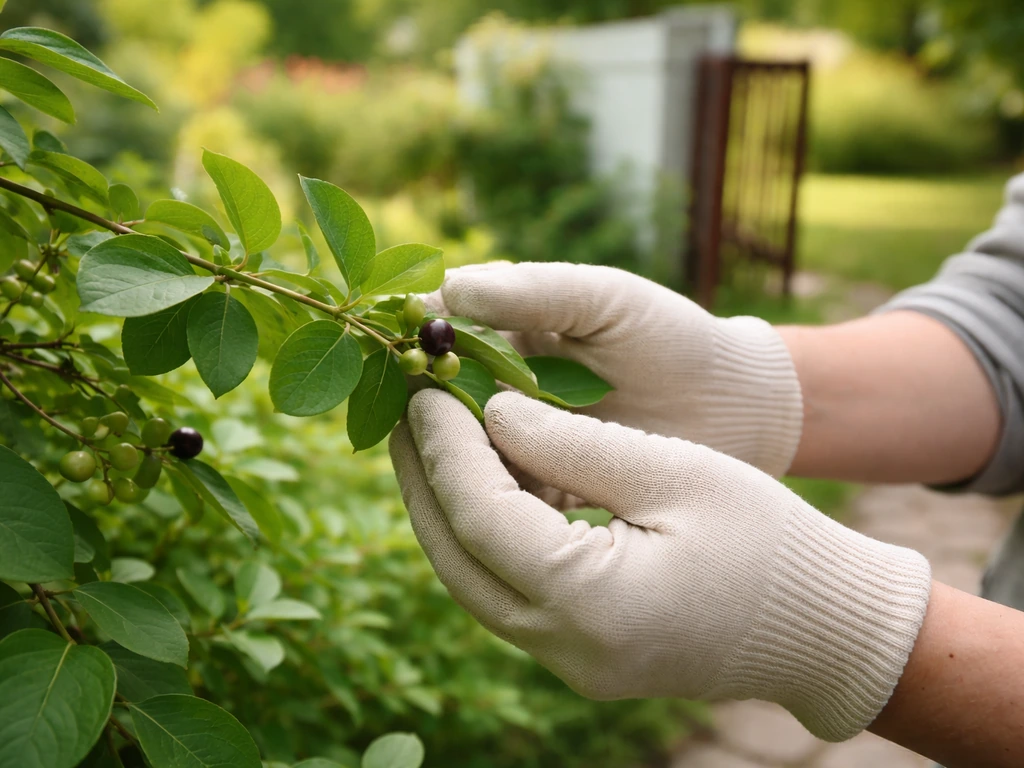 Garden worker in light gloves inspecting honeysuckle leaves and berries near a yard gate.
