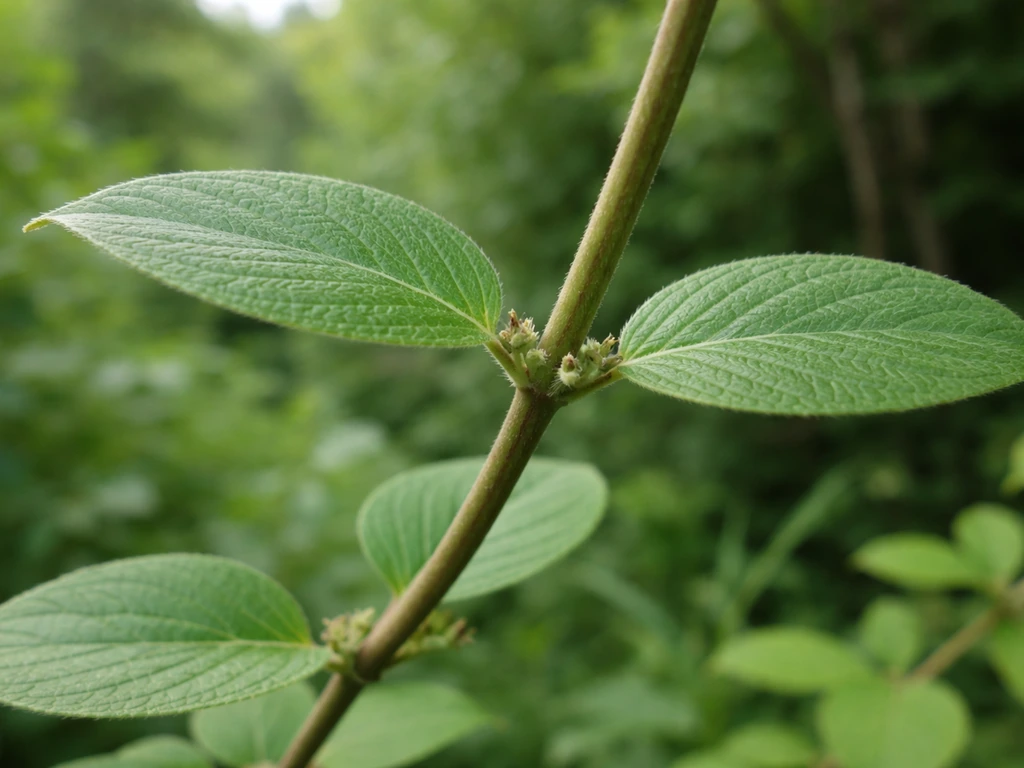Close-up of honeysuckle with opposite leaf pairs, plus nearby stem nodes showing flower/fruit spots in leaf axils.
