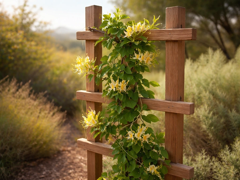 Honeysuckle vine with blossoms thriving on a trellis in a minimal California garden in warm light.