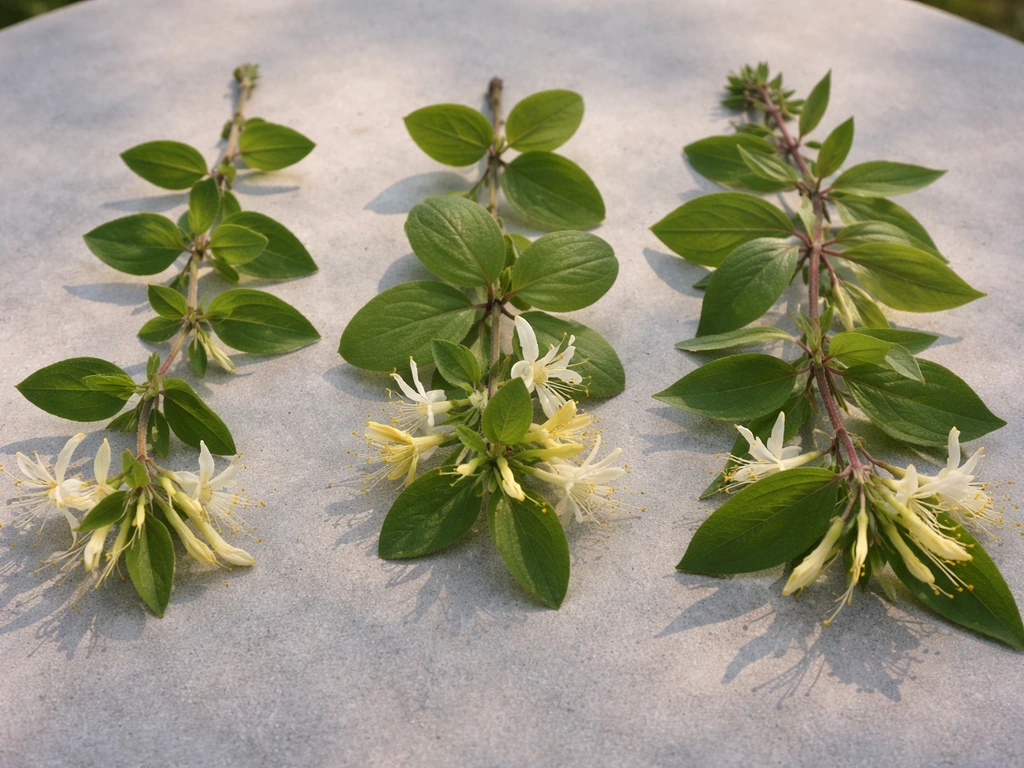 Three honeysuckle sprigs on a tabletop, showing different leaf and vine cues for identification.