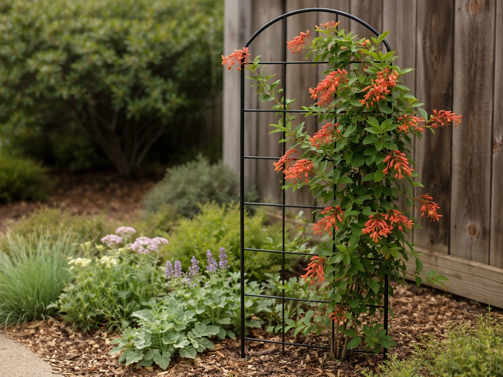 Coral honeysuckle trained on a trellis beside a small native-style garden planting