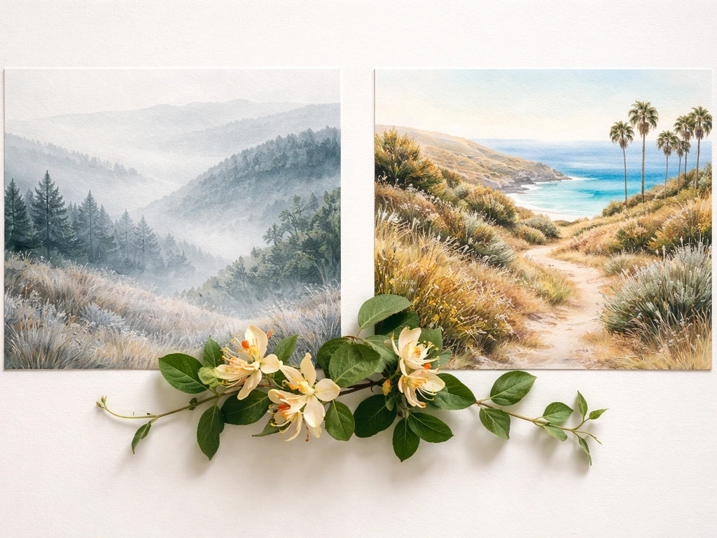 Overhead view of honeysuckle vines beside two minimal climate scenes for northern vs southern California.
