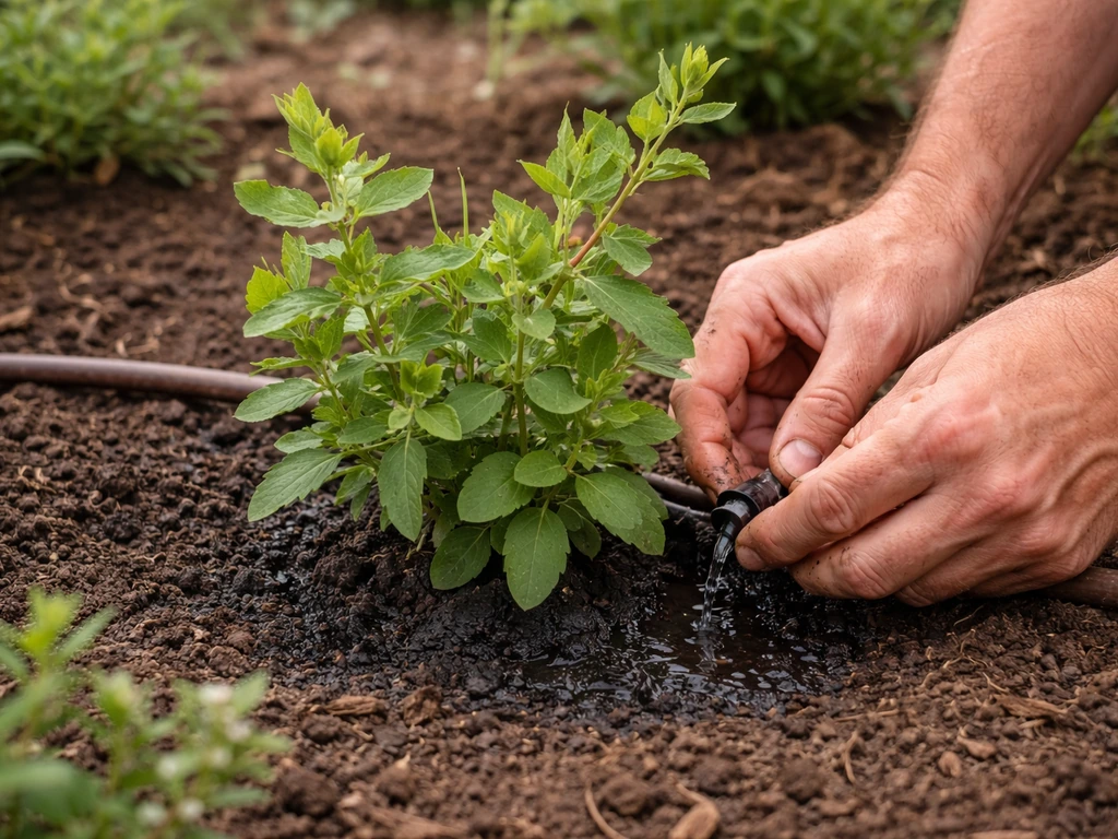 Gardener waters newly planted honeysuckle with drip irrigation at the base in a California garden bed.