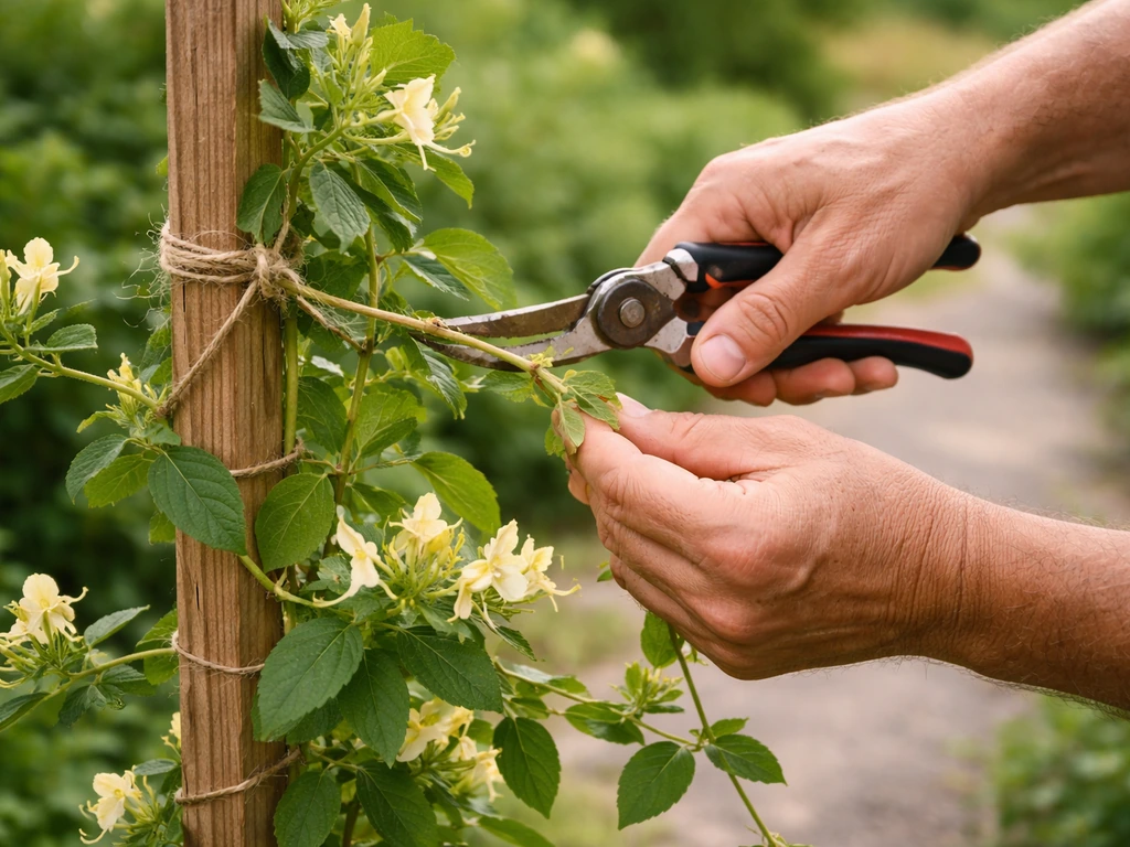 Gardener pruning honeysuckle vine with clippers and tying it to a simple wooden trellis