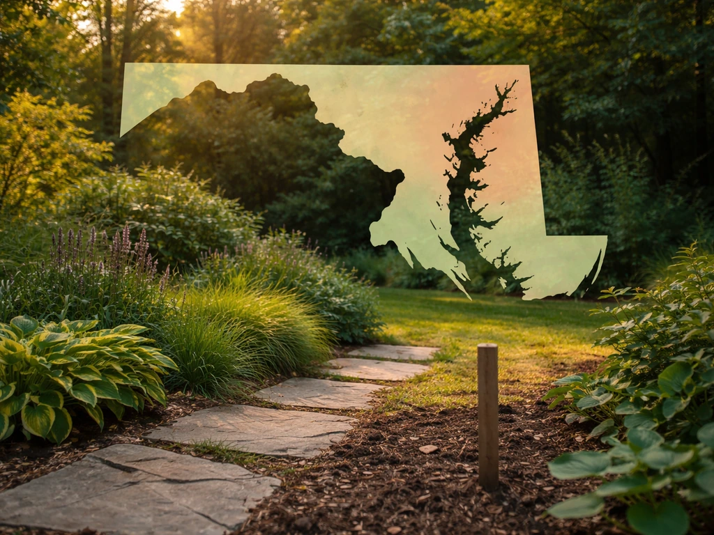 Maryland yard scene with subtle colored overlay suggesting plant hardiness zones 6b and 7b