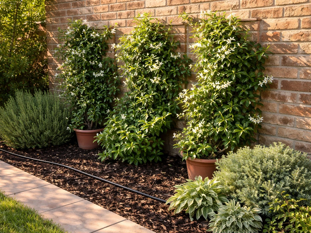 Sheltered jasmine planting bed along a warm brick wall showing microclimate protection and dense growth.