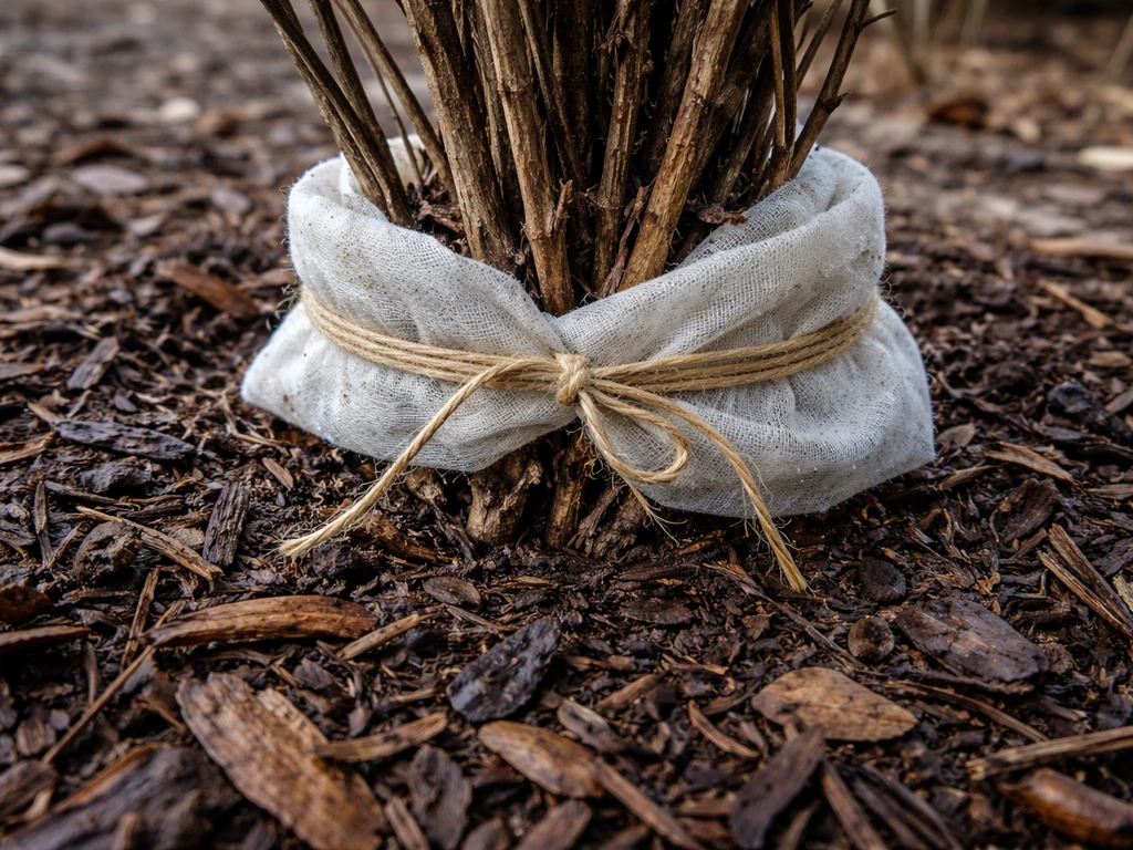 Close-up of a star jasmine vine base mulched with a 3–4 inch layer, wrapped with protective cover for hard freeze