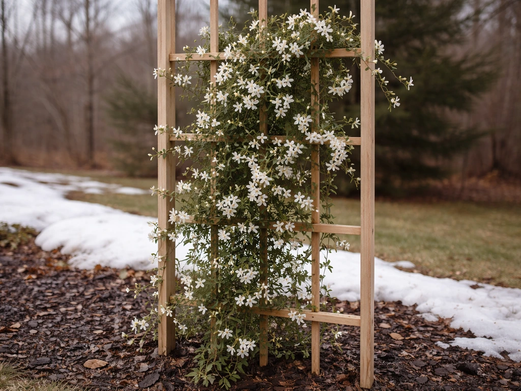 Trellised jasmine vine with small blooms in a Michigan garden during early spring, with seasonal cues