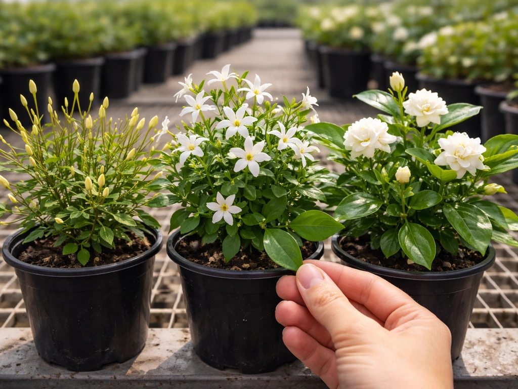 Close-up of three different potted jasmine plants with buds and blossoms on a nursery bench.