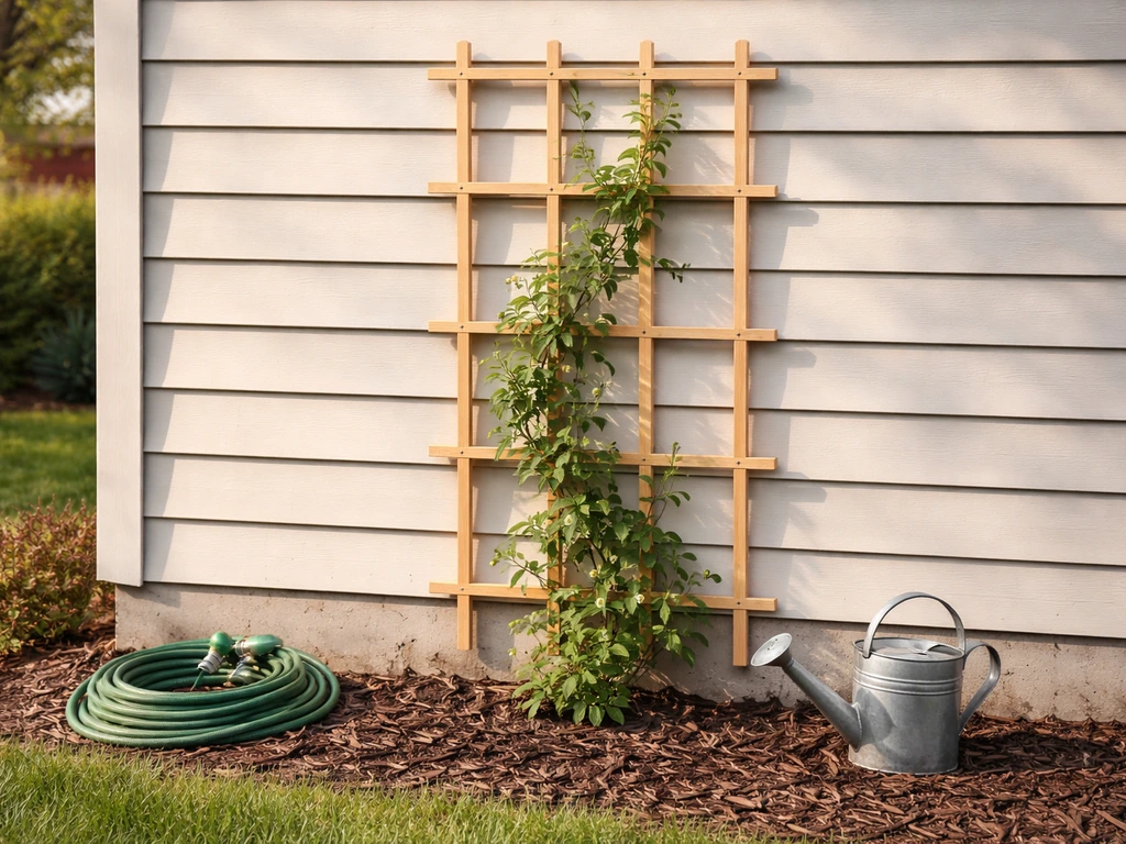 Jasmine vine trained on a trellis beside a south-facing wall in a sunny Michigan yard, mulch at base.
