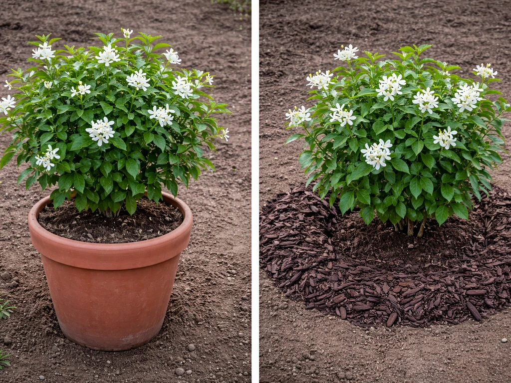 Side-by-side jasmine: one in a terracotta container, the other planted in-ground with mulch and drainage.