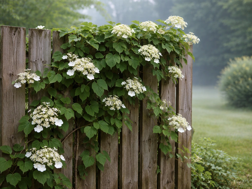 Hardy climbing hydrangea vine with small white blooms on a simple fence in cool-weather garden