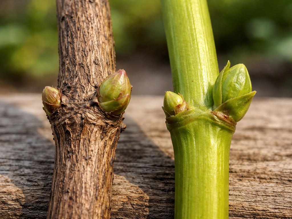 Close-up of honeysuckle stems showing old woody growth beside fresh green new growth where buds form.