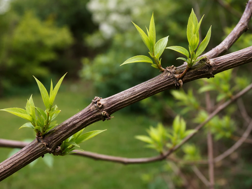 Close-up of honeysuckle vine showing woody, darker last year stems branching from live growth.