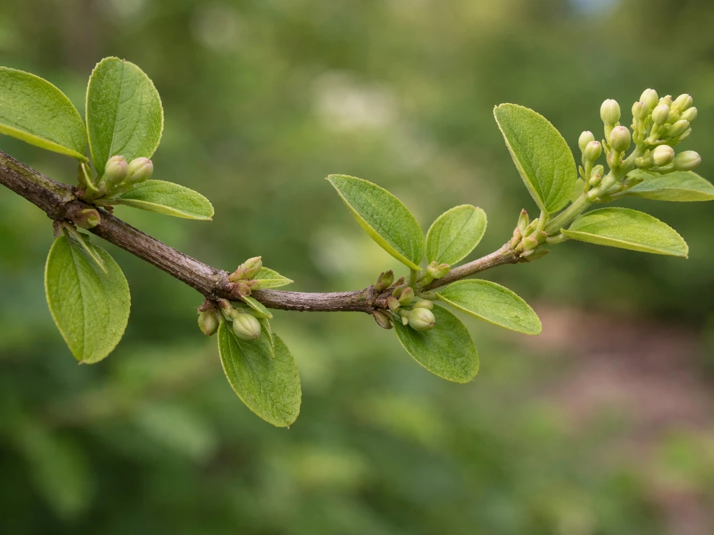 Close-up of honeysuckle stems showing old-wood paired flower buds in leaf axils and new growth with tip clusters.