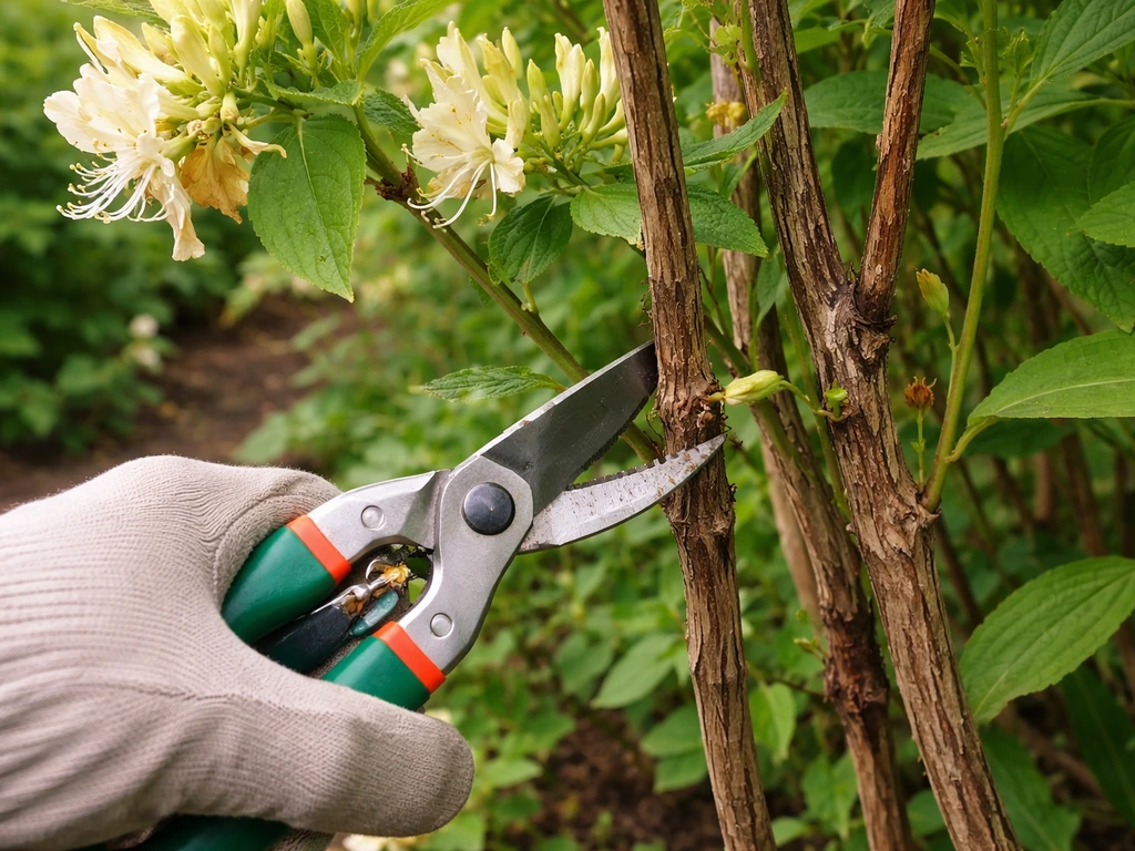 Close-up of pruning shears cutting back older honeysuckle stems after flowering in summer.