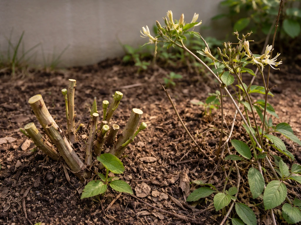 Close-up of honeysuckle vine with sparse blooms and visible pruning cuts showing weak flowering stems.