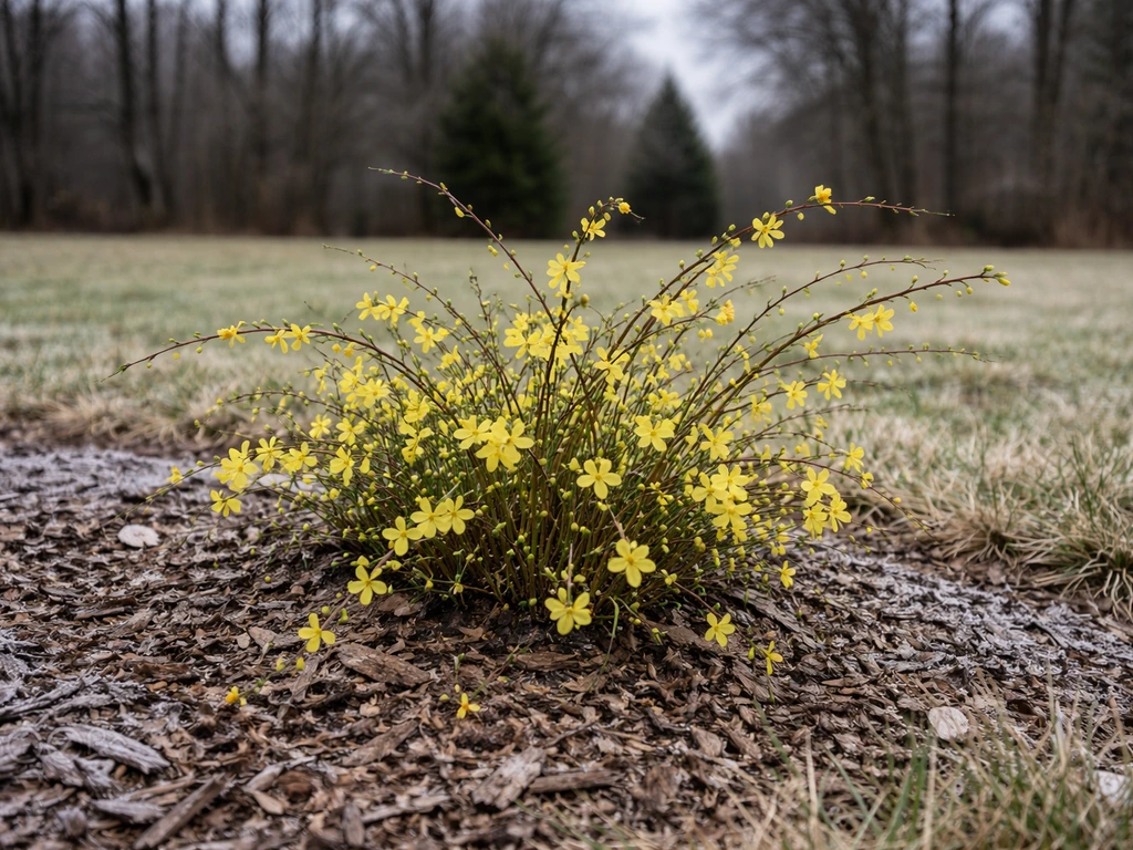 Winter jasmine shrub with bright yellow blooms in a frosty Ohio backyard garden.