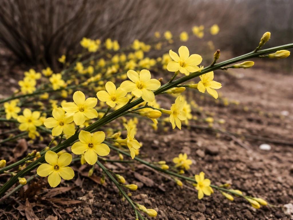 Close-up of winter jasmine yellow blooms on stems in a quiet winter garden bed