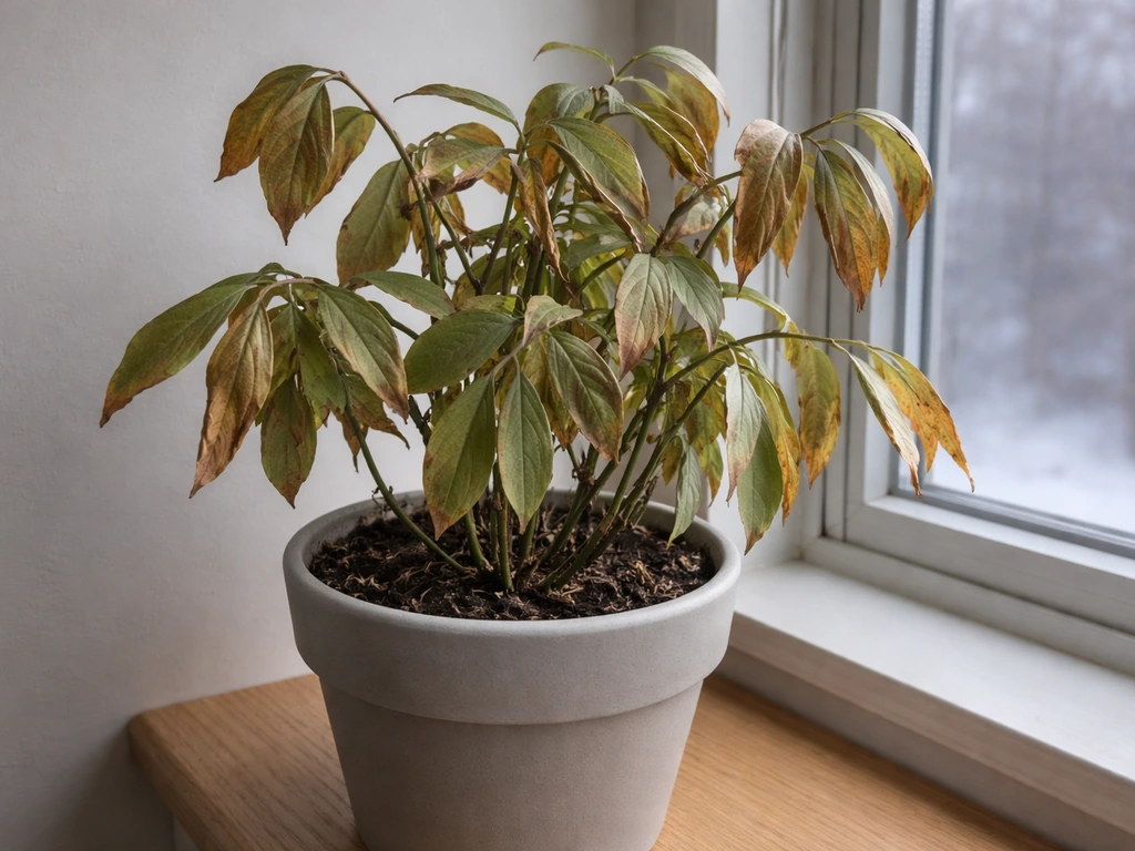 Frost-damaged Carolina jessamine leaves drooping on a potted plant near a window