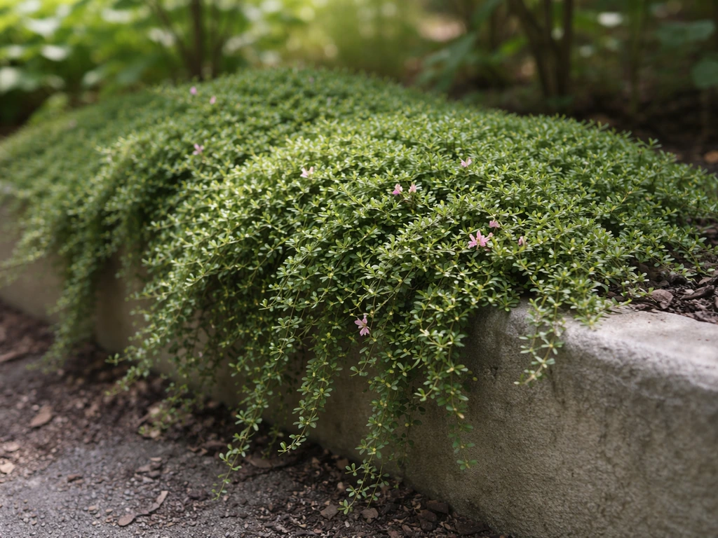 Trailing azalea spill-over along a garden bed edge with small pink blooms in partial shade