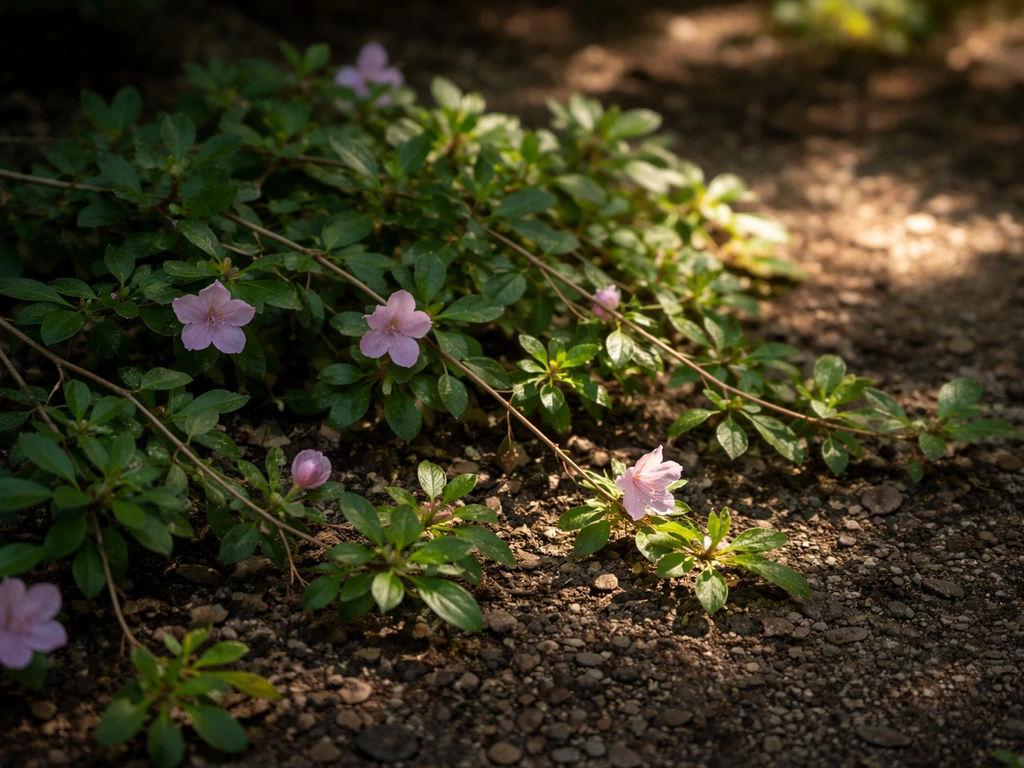 Close-up of trailing azalea leaves and pink blooms in dappled shade, with a hint of harsher direct light nearby.