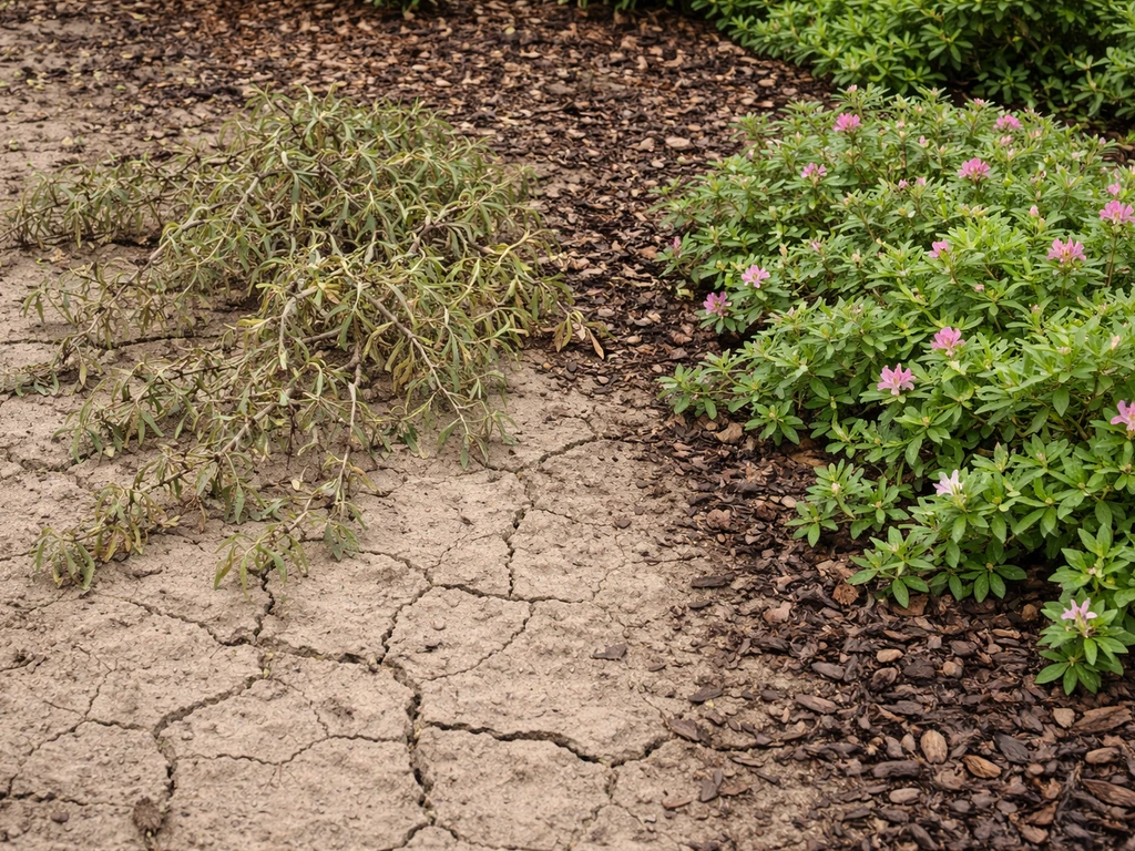 Dry cracked soil with wilted trailing azalea, next to nearby healthy green growth after watering.