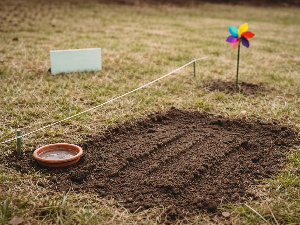 Minimal yard planting spot with soil, a dampness marker, sun-direction twine, a pinwheel for wind, and a winter card.