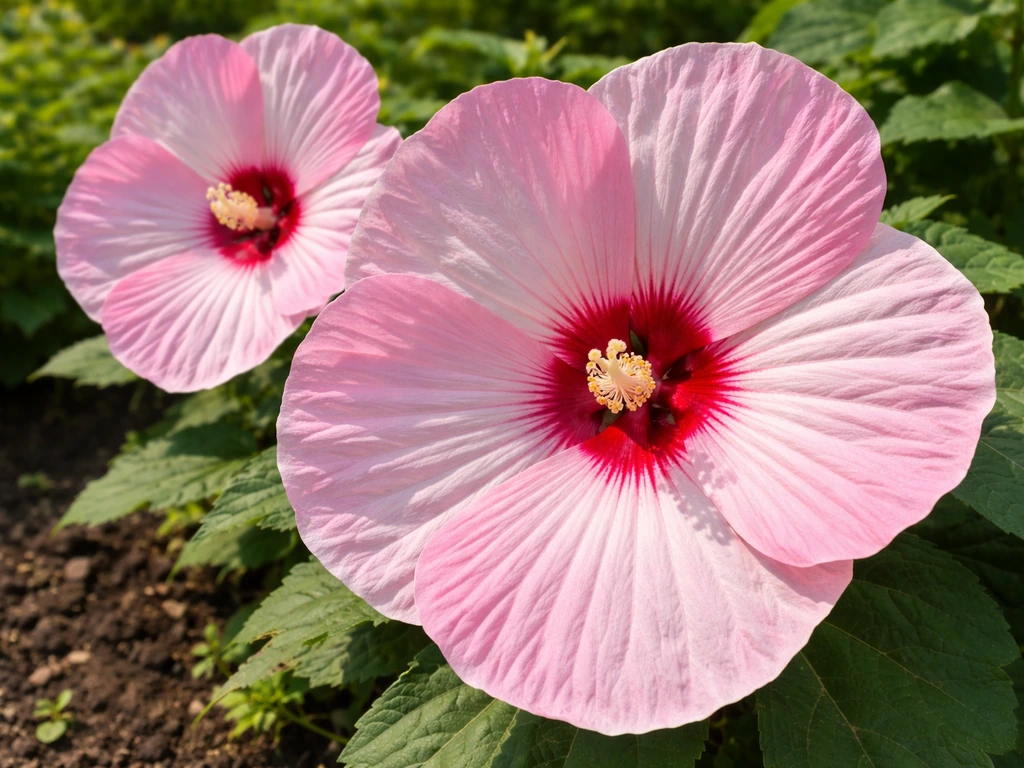 Close-up of hardy hibiscus (rose mallow) blossoms in a sunny garden bed with soft green foliage.