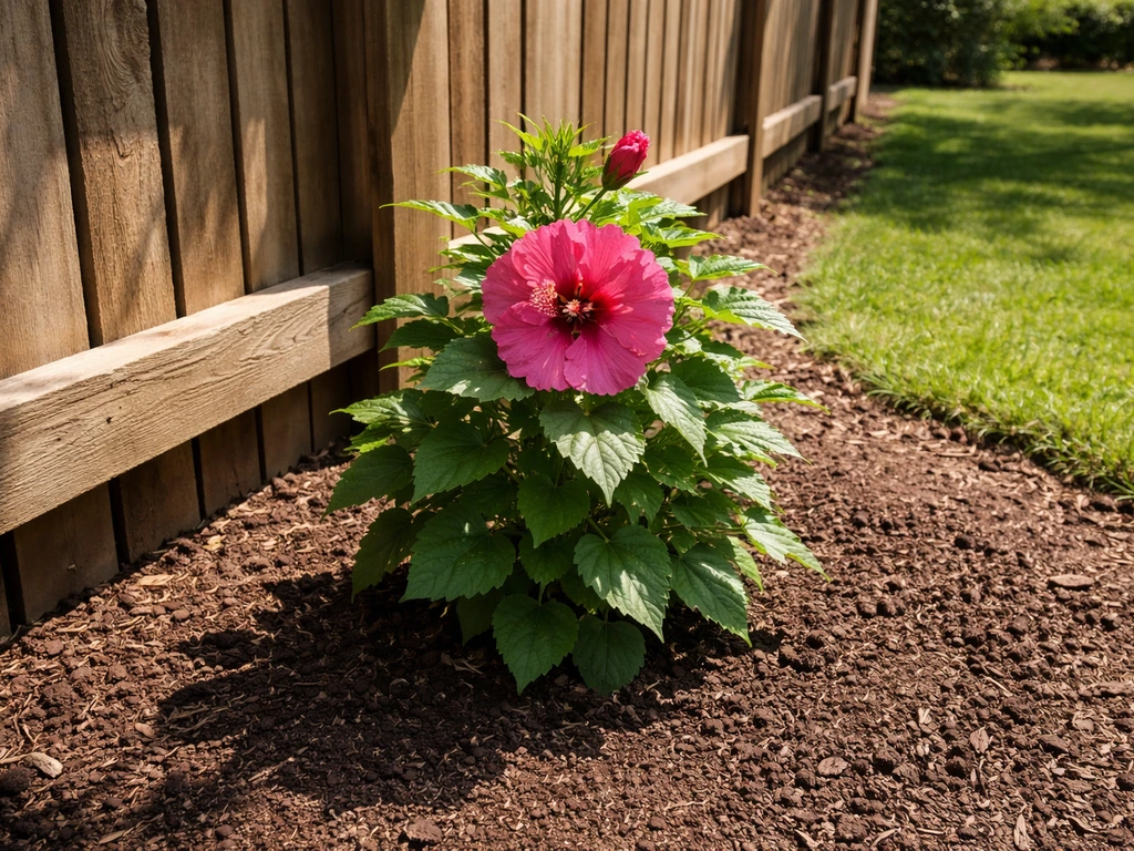 Hardy hibiscus in full-sun south-facing yard beside a fence for wind protection