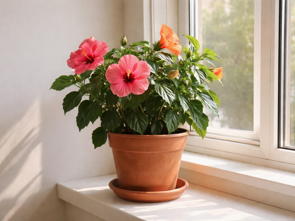 Tropical hibiscus in a container on a bright indoor windowsill with sunlight and soft, minimal background.
