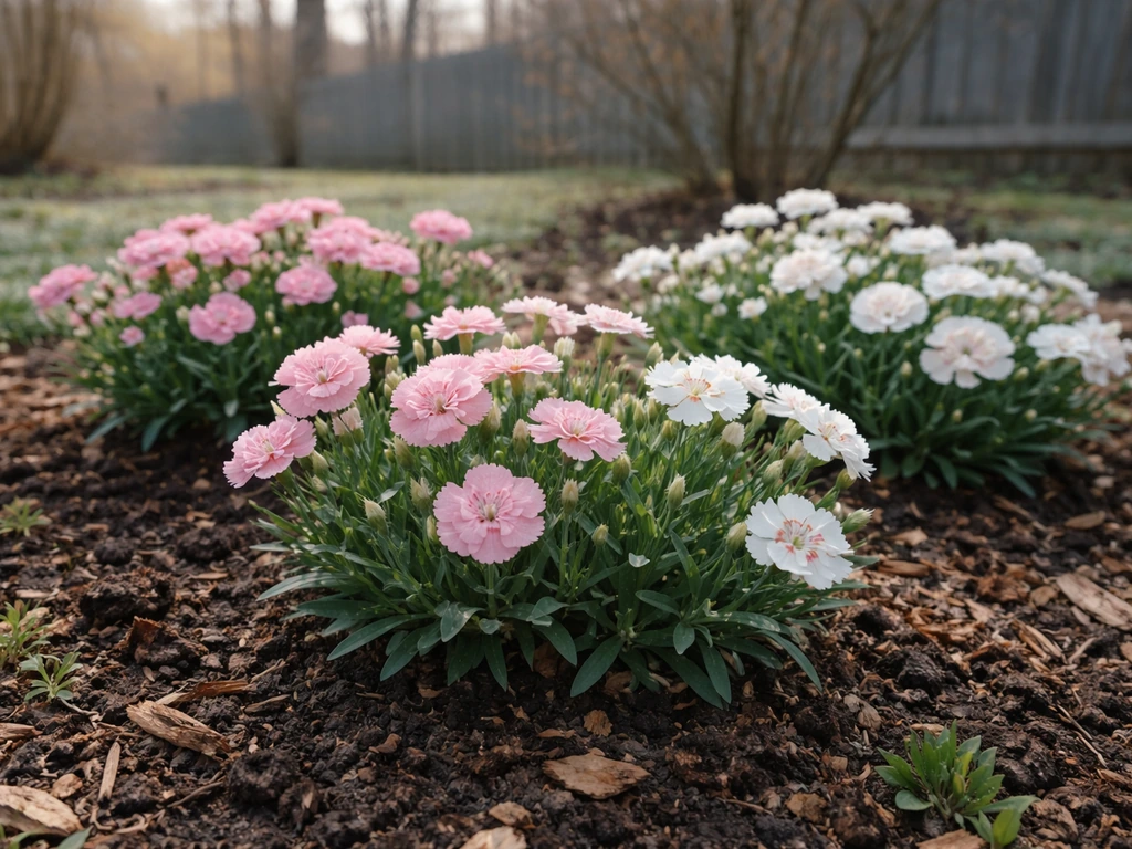 Healthy carnation flowers in a cold-climate flower bed in Michigan during late spring/early summer.