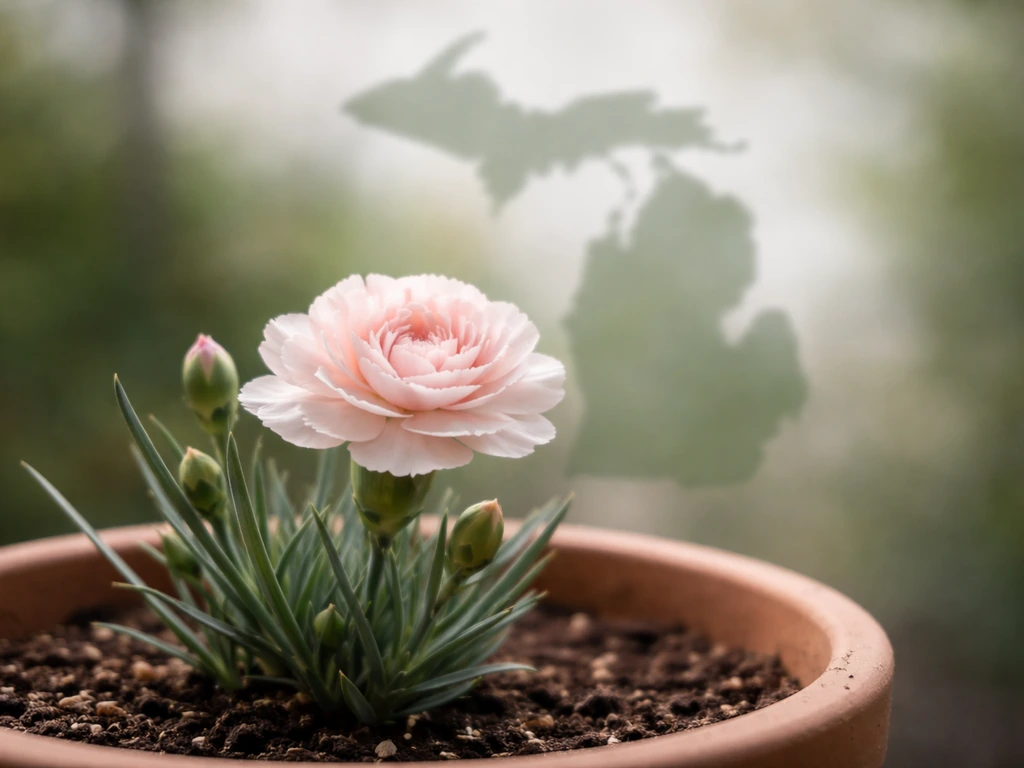 Close-up of a blooming carnation with a subtle blurred Michigan shape in the background.