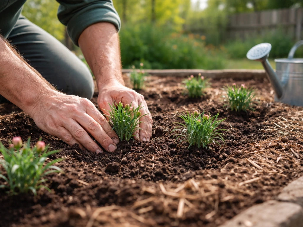 Gardener hands plant spaced carnation seedlings in a sunny mulched garden bed.